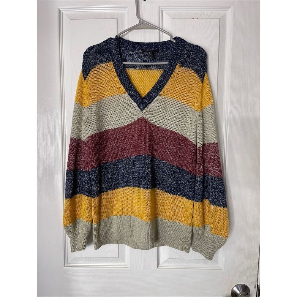 BCBGMAXAZRIA Mohair V-Neck Pullover In Striped Metallic  size small